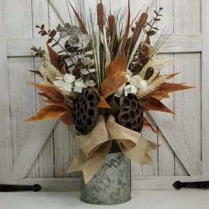Metal Milk Can with Floral Arrangement Burlap Bow Cattails Dried Lotus